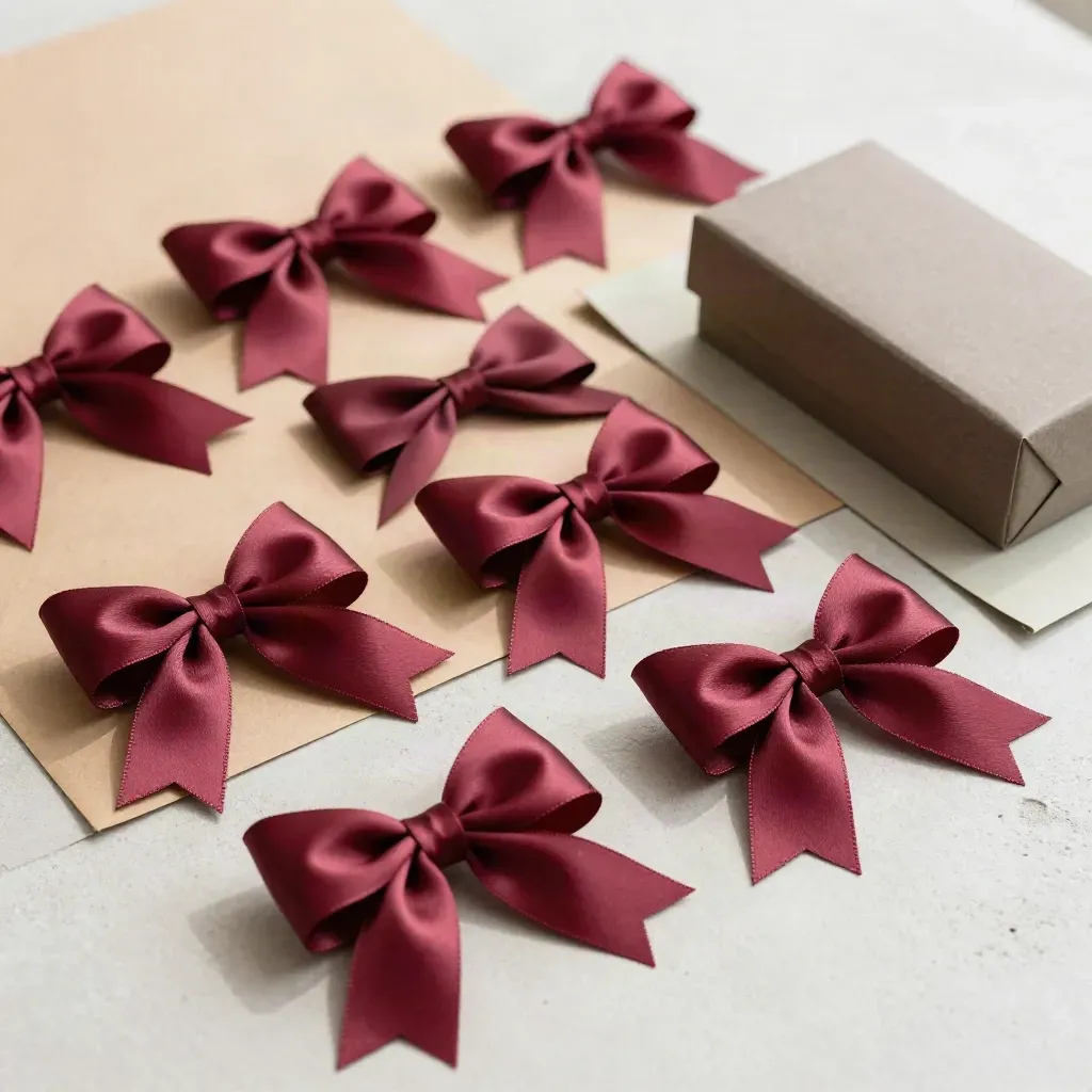 Fiocchi bordeaux su carta kraft e scatolina tortora, in una composizione elegante dall'alto.