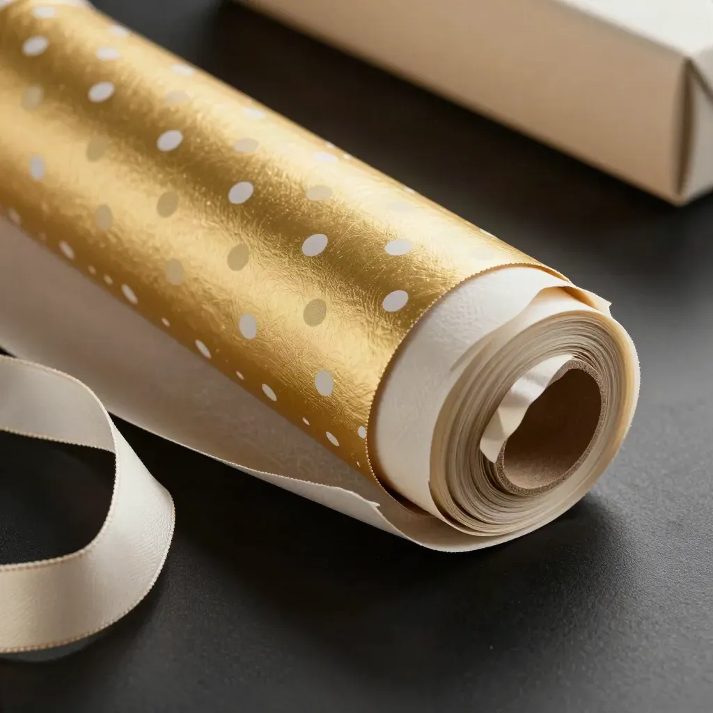 Rotolo di carta regalo oro a pois con nastro avorio e scatola crema in luce di studio