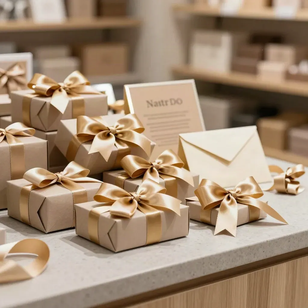 Fiocchi oro pronti su scatole regalo neutre e cartoncini kraft in una boutique luminosa.