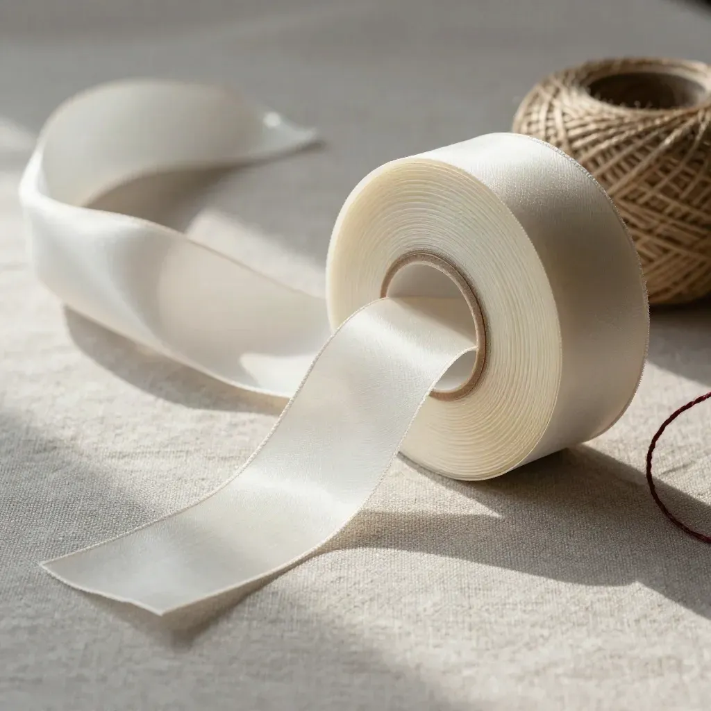 Rotolo di nastro organza avorio su lino grezzo con spago e campione piegato.