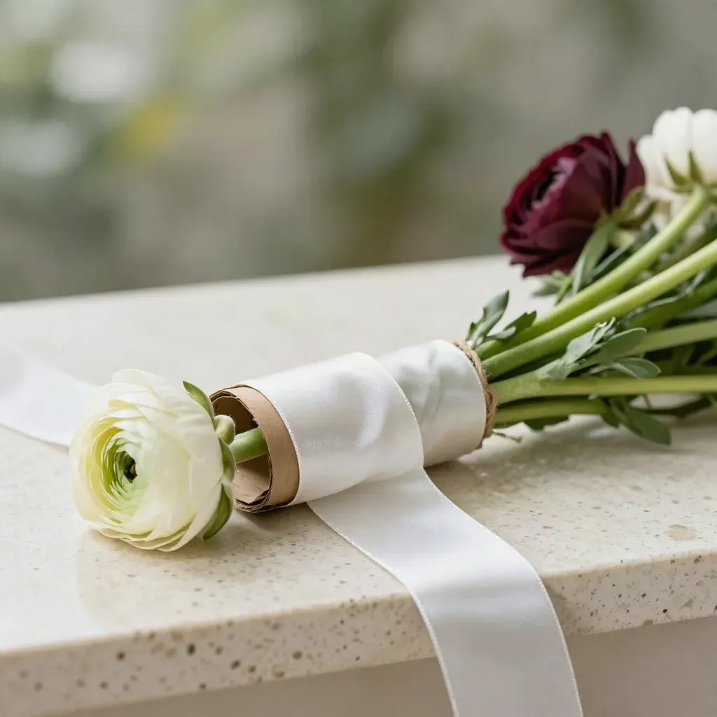 Nastro salvia per bouquet attorno a ranuncoli chiusi, carta kraft e spago su travertino.