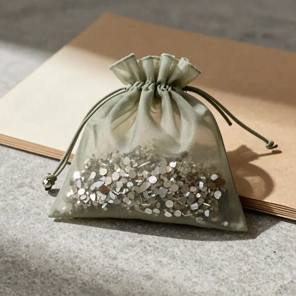 Sacchetto in organza avorio con confetti, gioiello finto e busta kraft su pietra chiara.