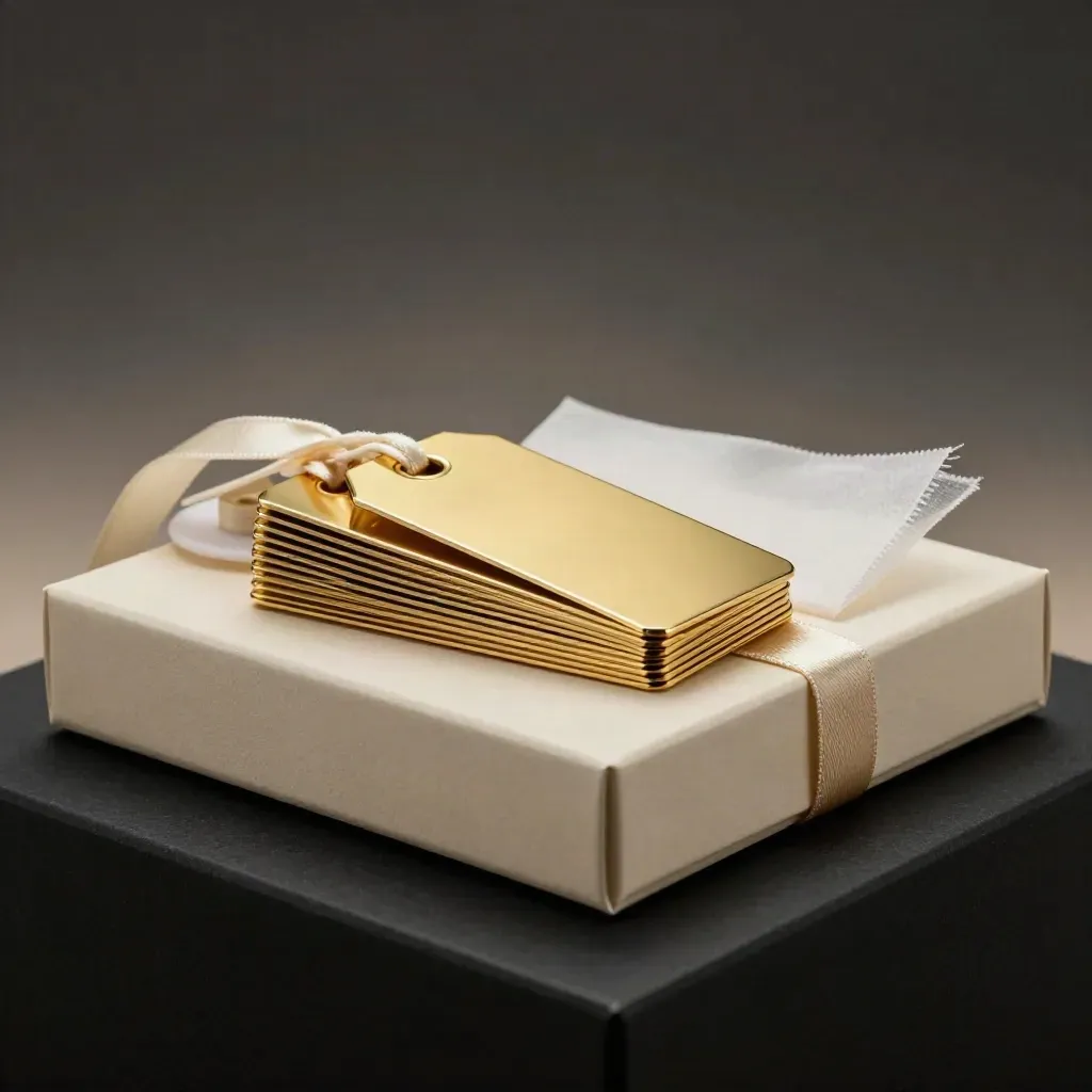 Pila di etichette regalo oro su scatola crema, con nastro avorio, in studio scuro e luce radente.