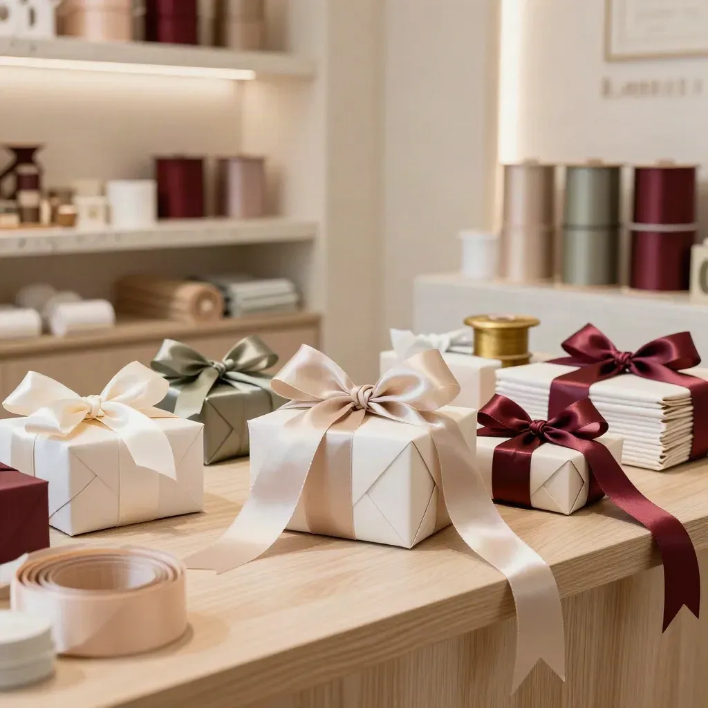 Kit vetrina con nastri, fiocchi e carta coordinata in una boutique artigianale.