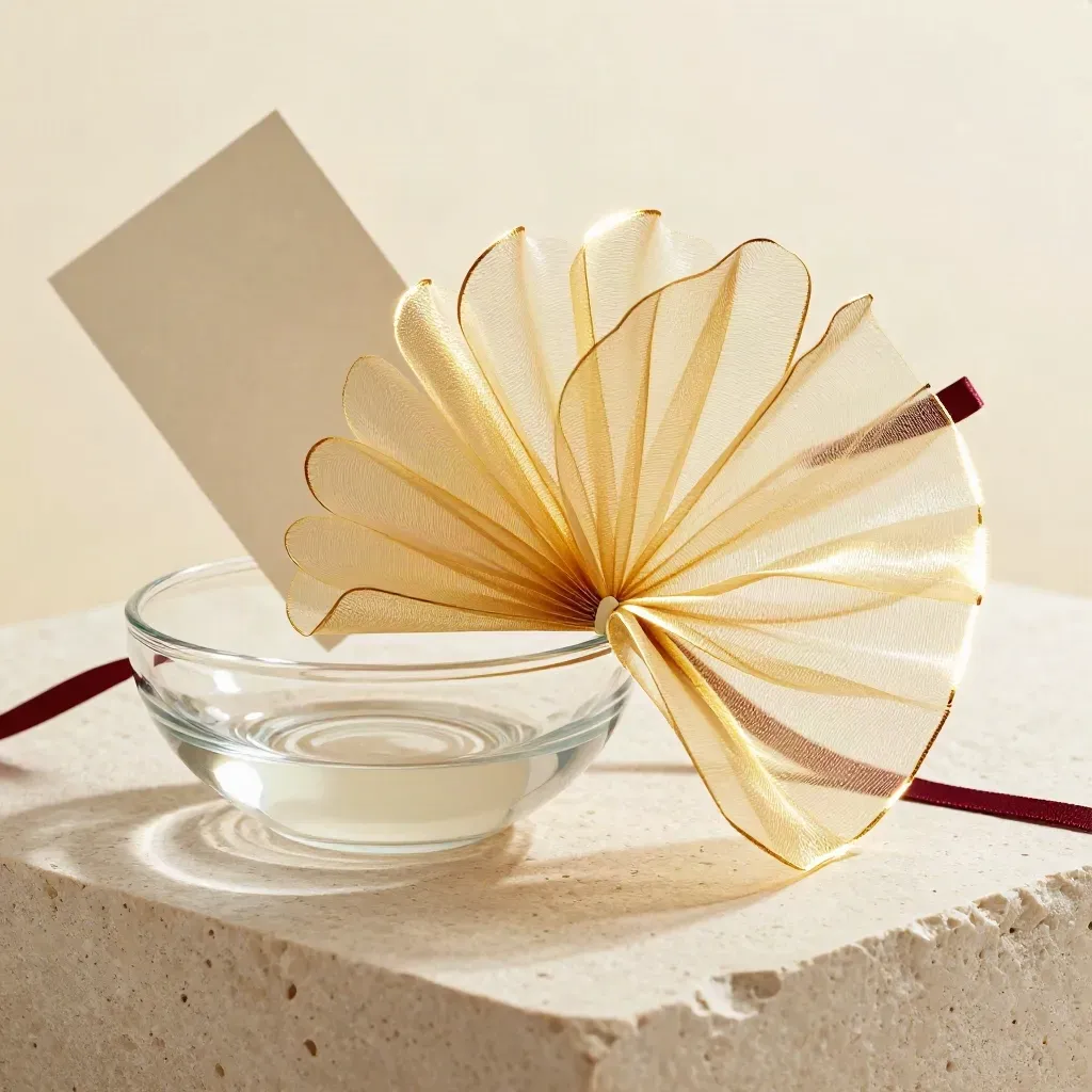 Rotolo di organza oro su pietra chiara con coppa in vetro e carta avorio piegata.