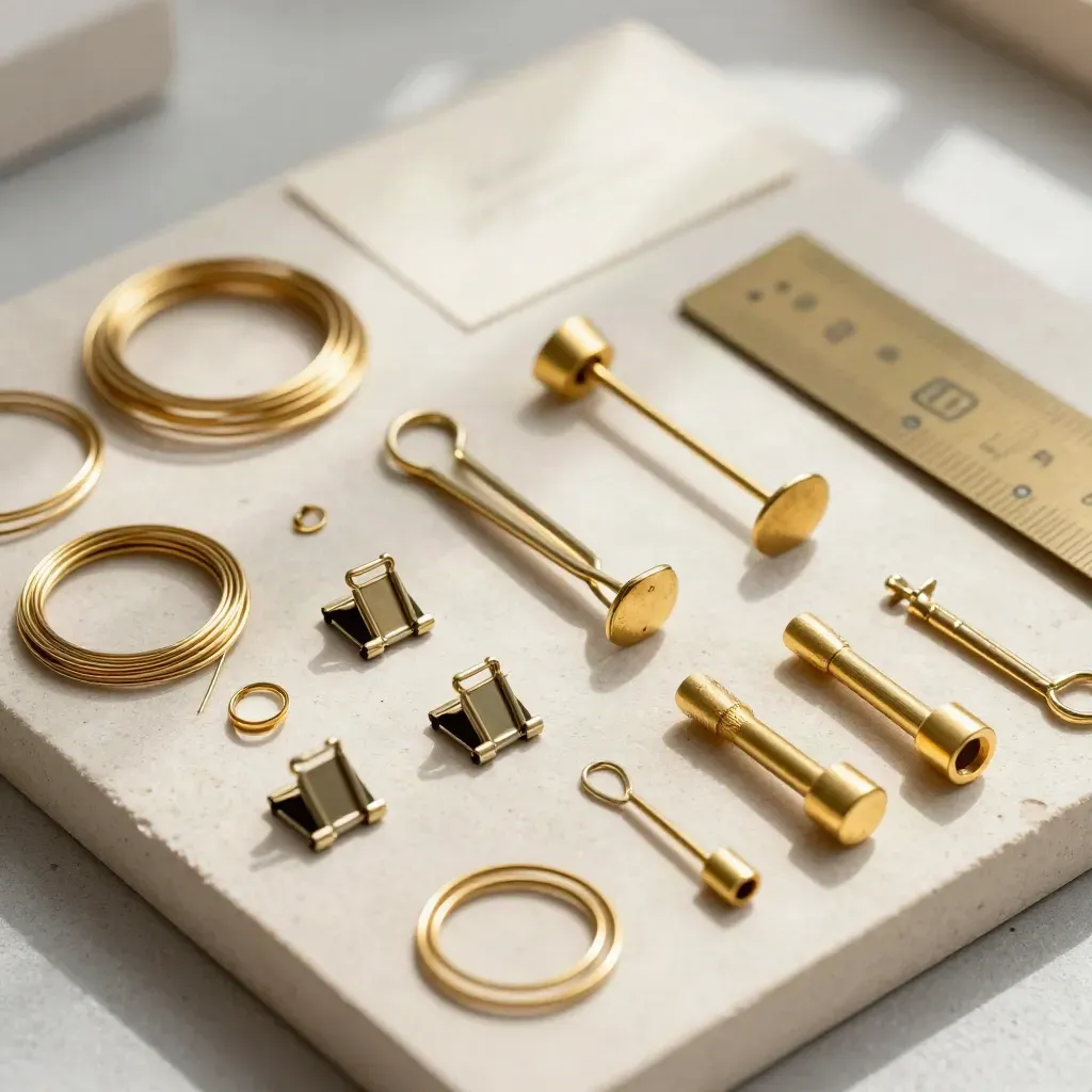 Kit misto di accessori fioristi oro su vassoio crema, ripresa dall'alto