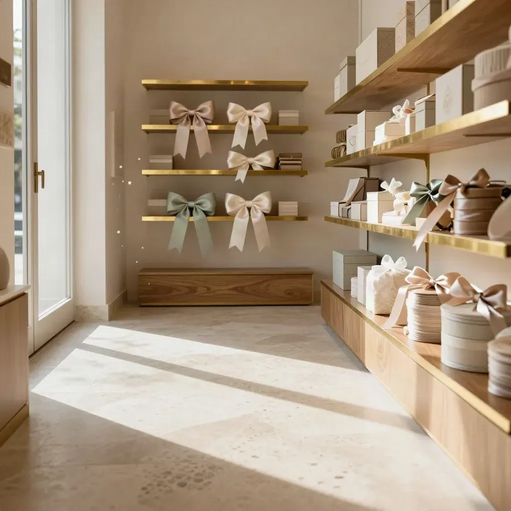 Boutique luminosa con fiocchi pronti e scaffali sfumati, luce dorata e spazio calmo.
