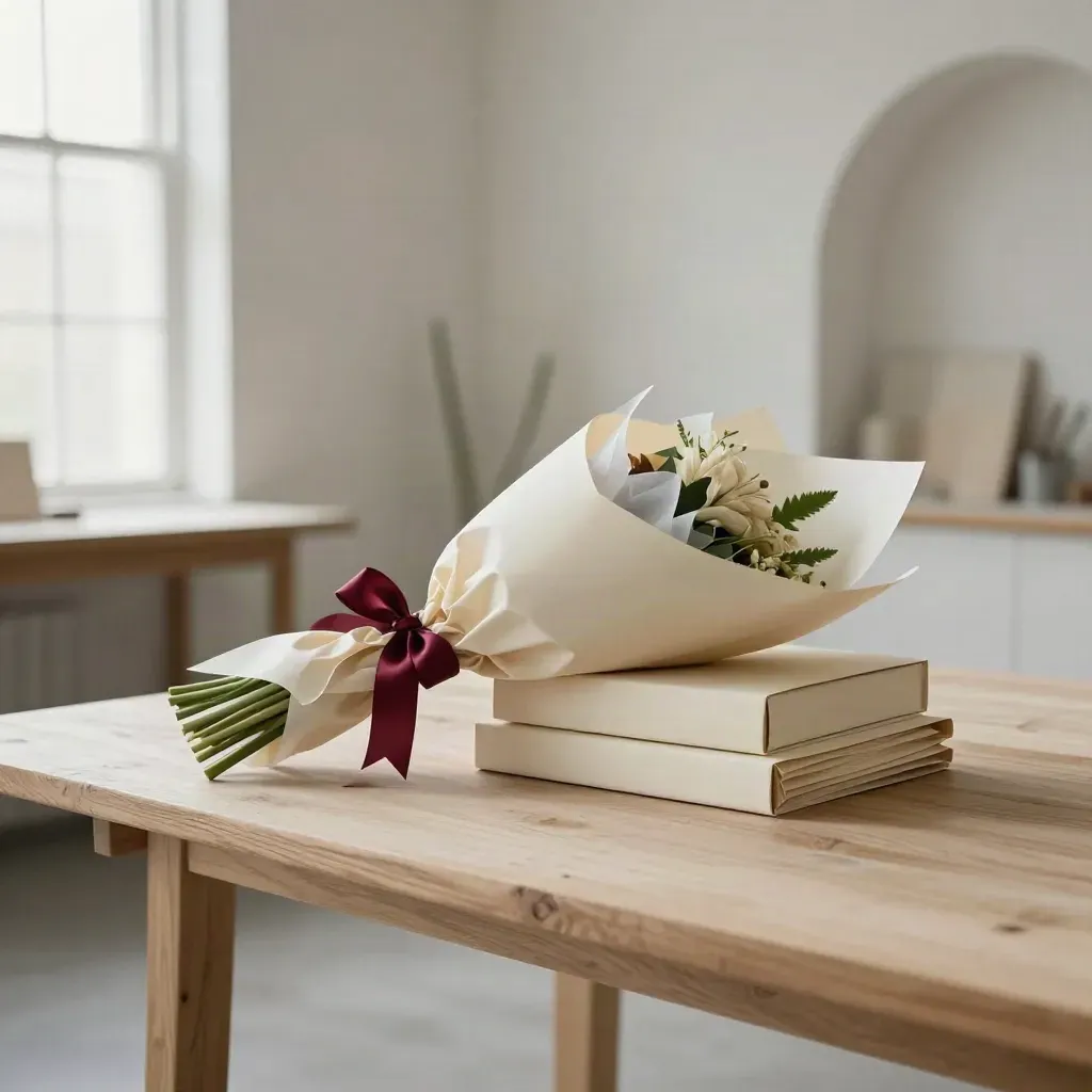 Atelier floreale chiaro con bouquet avvolto, nastri, scatole impilate e luce da finestra.