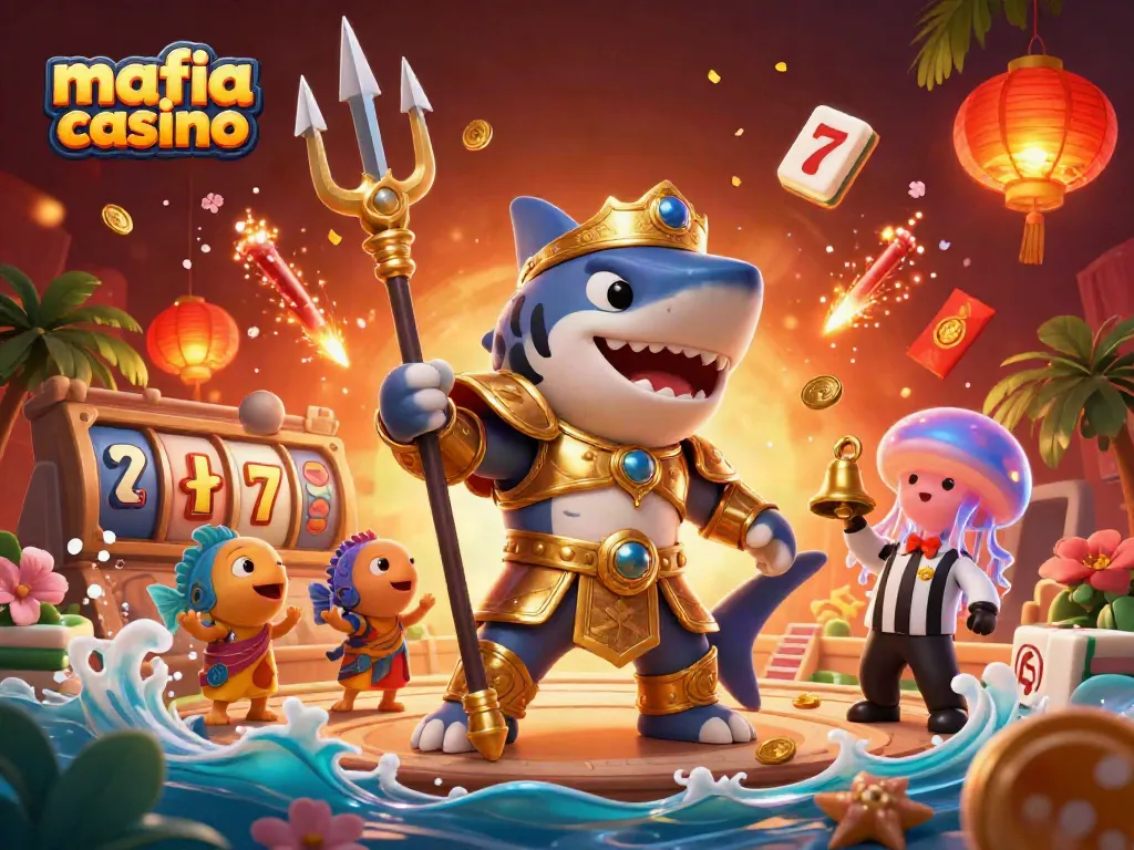 Mafia casino themed 3D illustration with animated tiger shark and vibrant casino items.